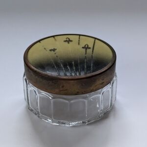 Vintage Art Deco Ribbed Glass Vanity Jar Celluloid  Fleur-de-Lis Lid Bohemian